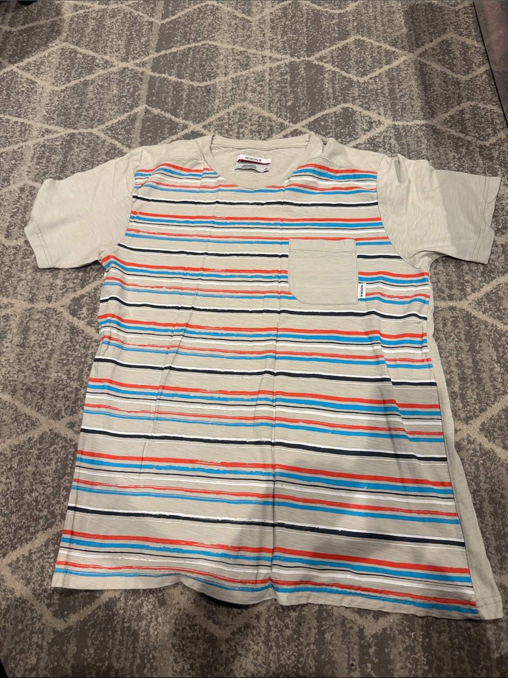 Nixon Cream Short Sleeve Tee with Blue, Red & Black Stripes